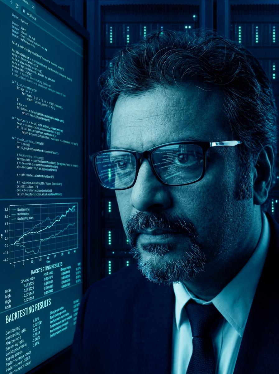 Naveen GK — Algo Genie Founder in server room with backtesting monitors